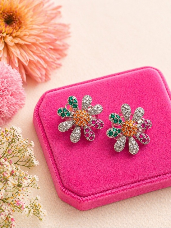 Jewelry - Flowers with multicolored cz’s. 18 K over copper 925 posts it excellent quality.